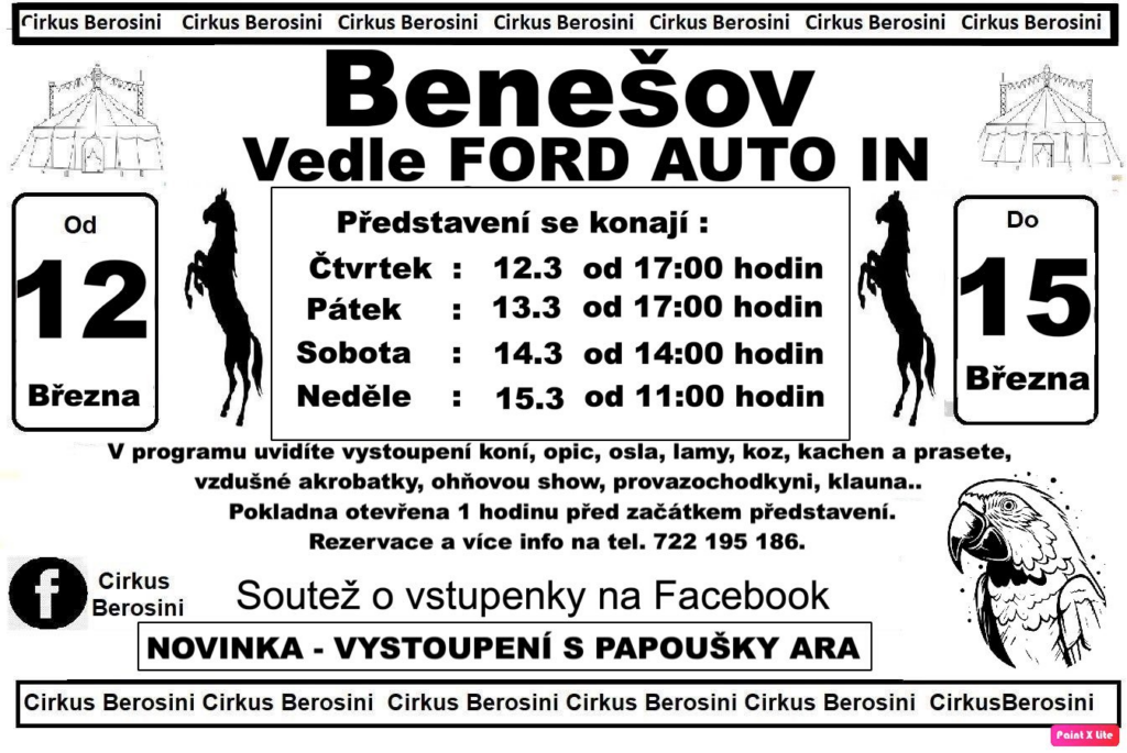 Plakát cirkusu Berosini v Benešově 2026